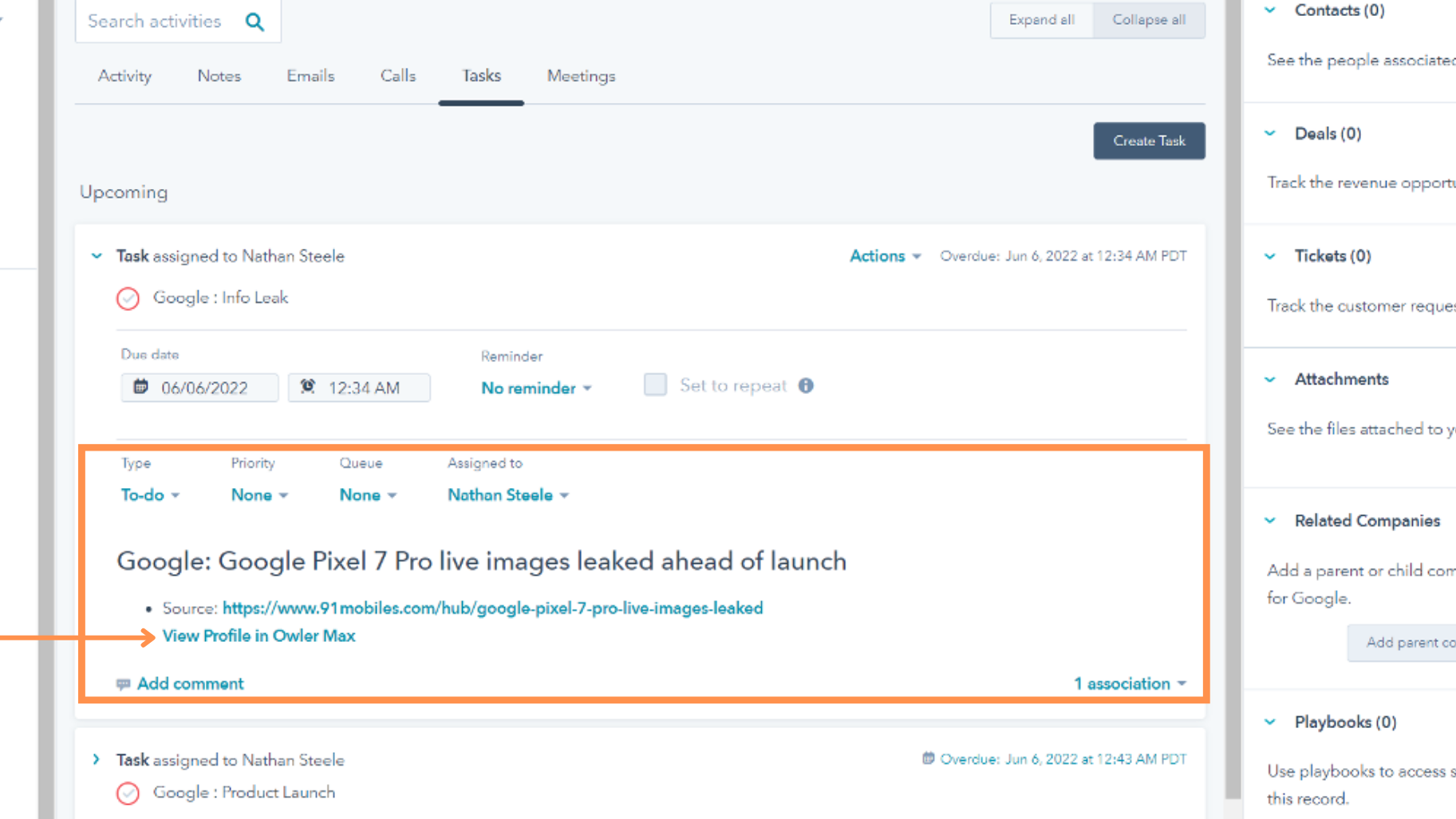 Create tasks based on instant insights synced from Owler Max.